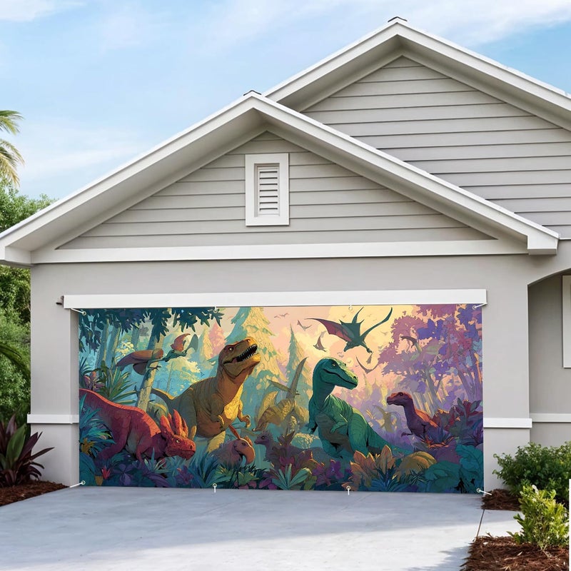 THISFIND Dinosaur Garage Door Banner – Prehistoric Jungle Scene with T-Rex, Triceratops & Pterosaurs – Outdoor Wall Mural for Home Decor, Parties & Events - Image 5